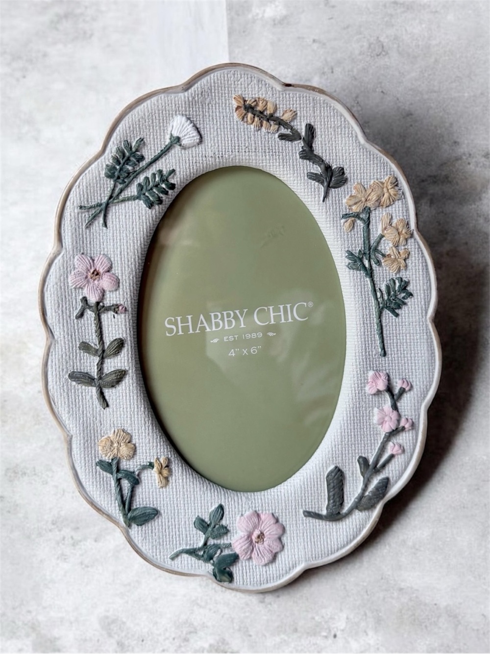 Shabby Chic White Embroidered Floral Oval Photo Frame